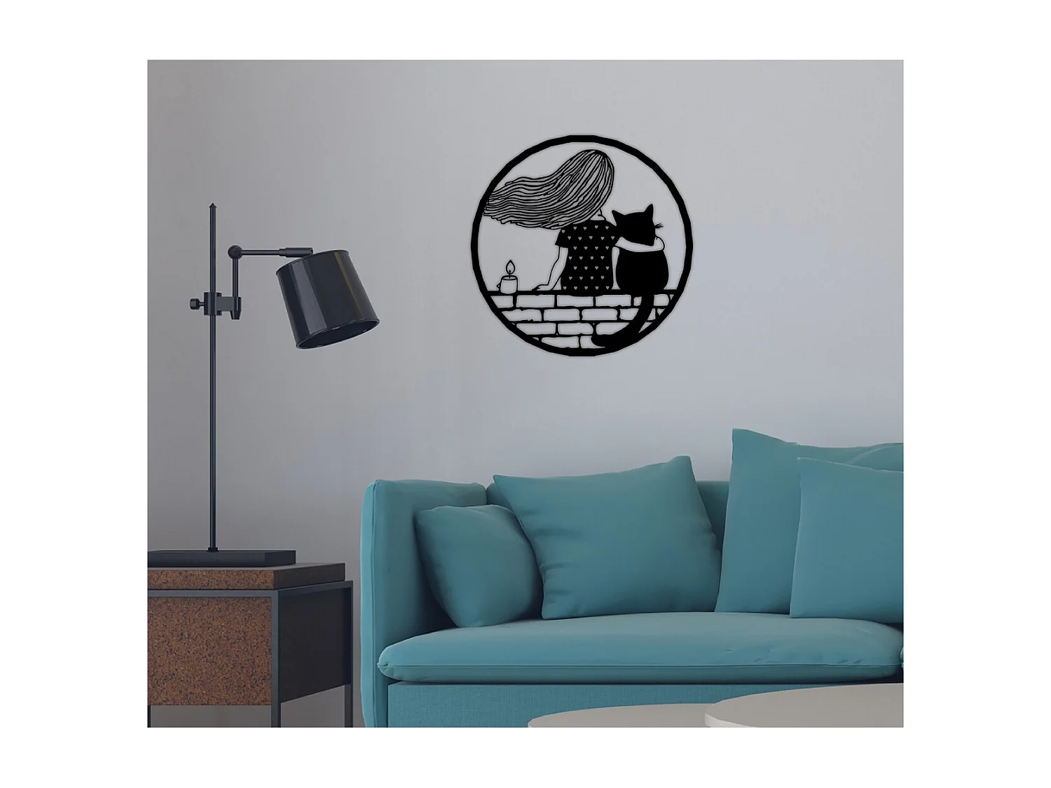 Décoration en Métal Girl and cat, Noir, 60x1,5x60 cm, EPIKASA