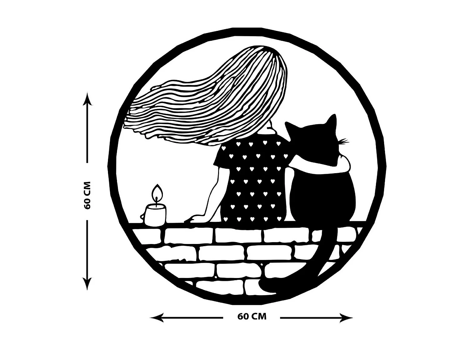 Décoration en Métal Girl and cat, Noir, 60x1,5x60 cm, EPIKASA