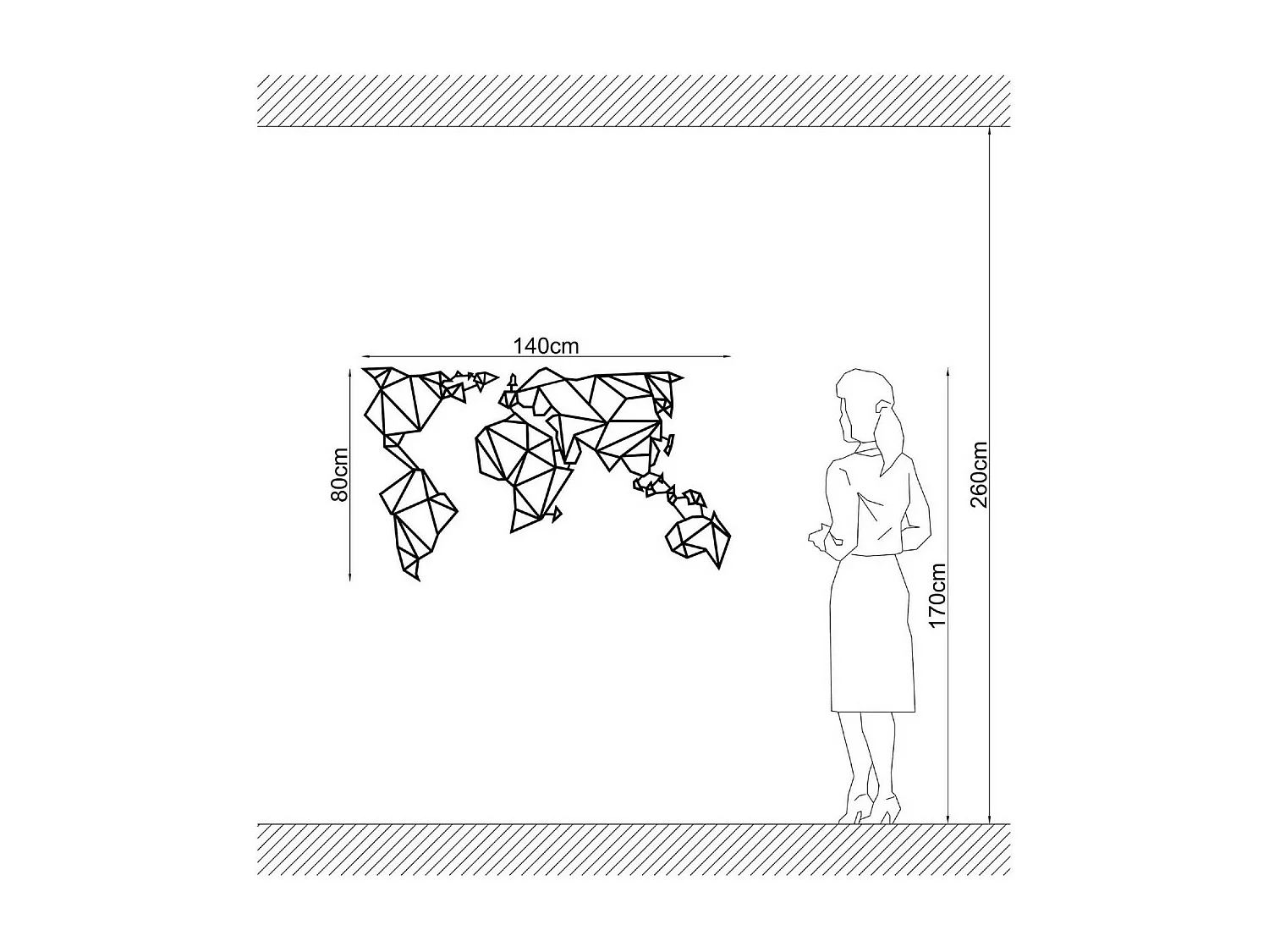 Decoração em Metal Mapa do Mundo 21, Preto, 140x1,5x80 cm, EPIKASA