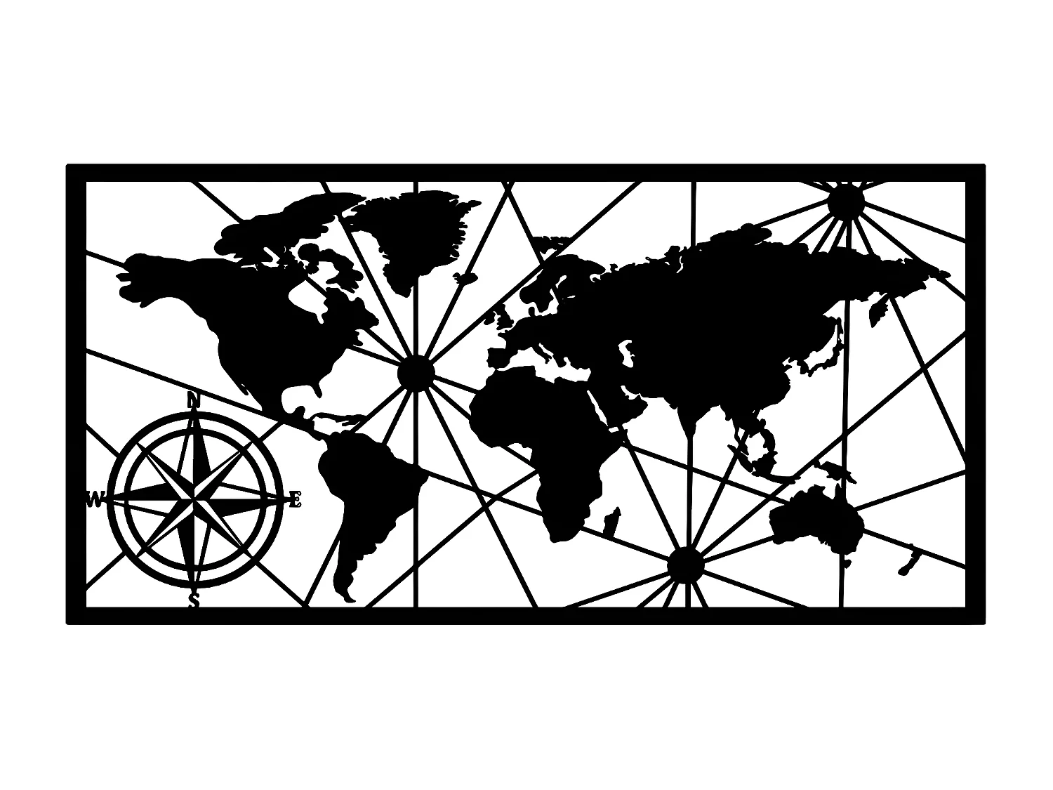 Decoração em Metal Mapa do Mundo 14, Preto, 100x1,5x50 cm, EPIKASA