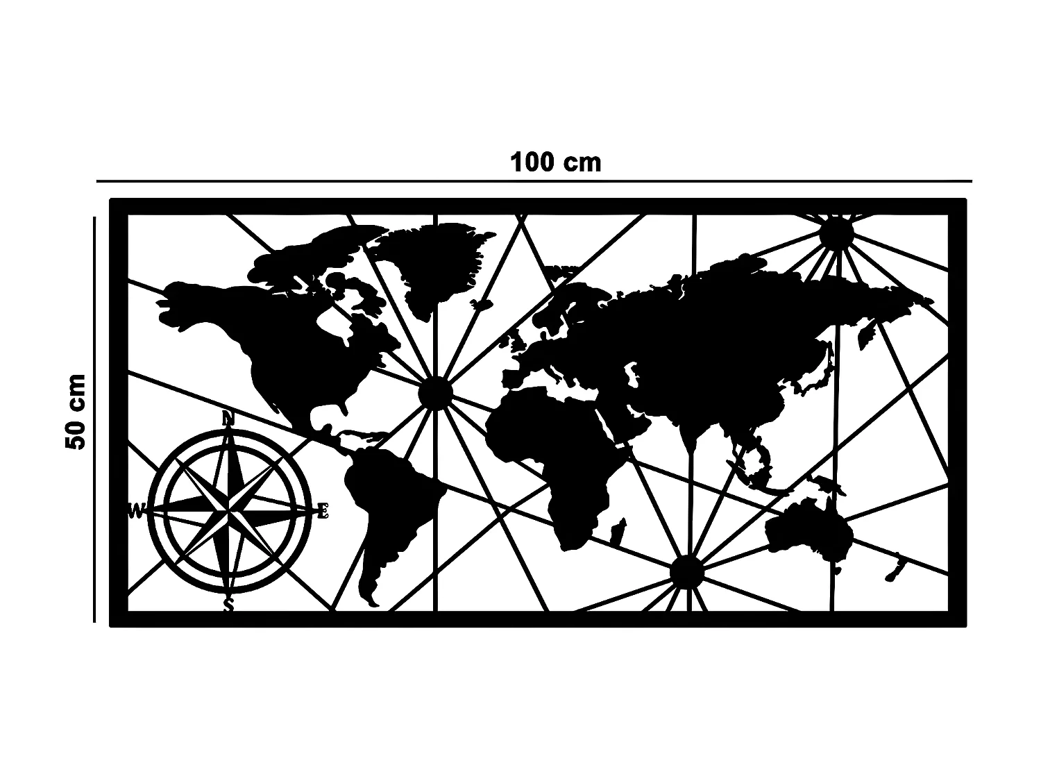 Decoração em Metal Mapa do Mundo 14, Preto, 100x1,5x50 cm, EPIKASA