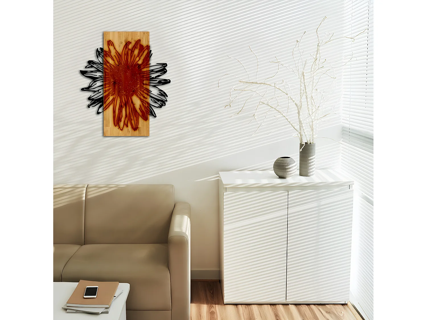 Decoração em Metal e Madeira Sunflower, Preto, 46x1,8x50 cm, EPIKASA