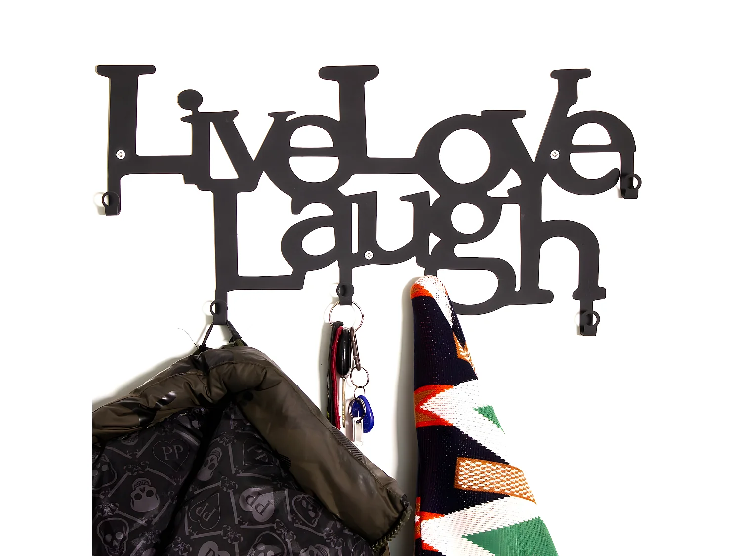 Cabides de Parede Live Love Laugh, Preto, 46x2x27 cm, EPIKASA