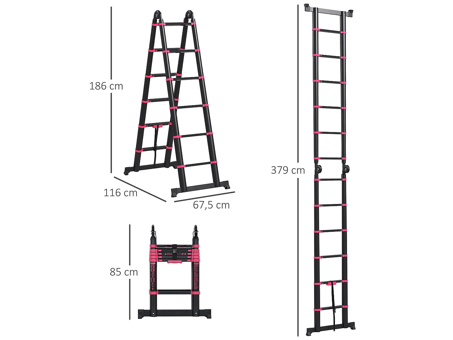 Escalera plegable negro y rojo 379x67.5x11 cm HOMCOM