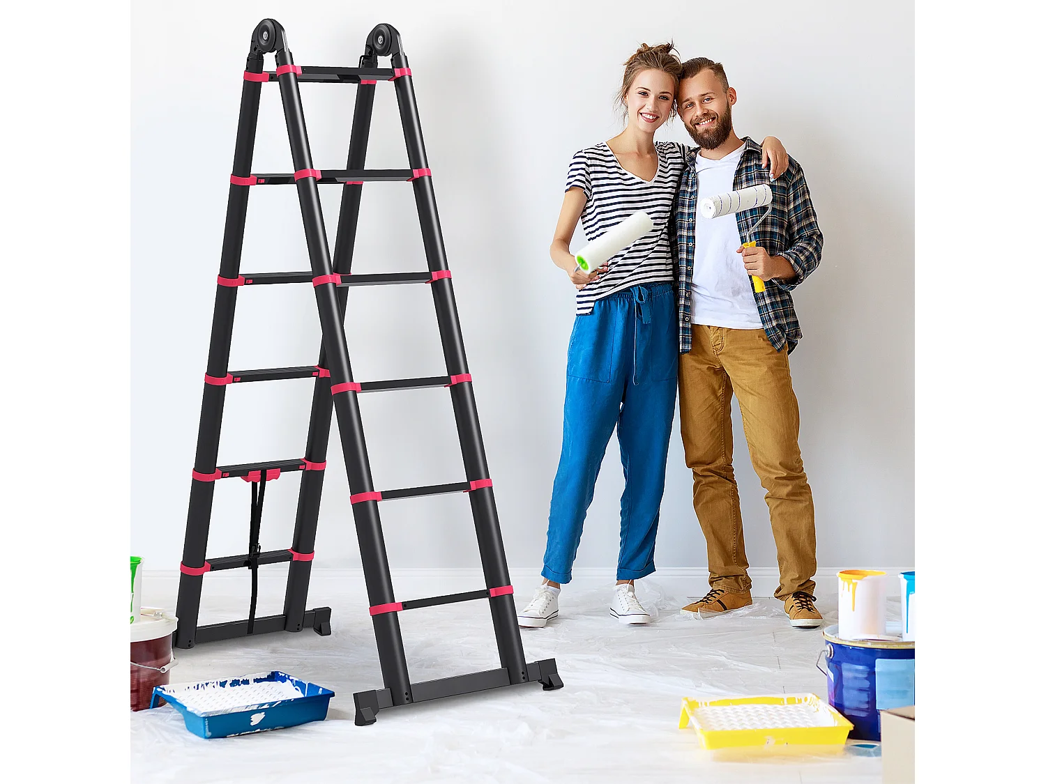 Escalera plegable negro y rojo 379x67.5x11 cm HOMCOM