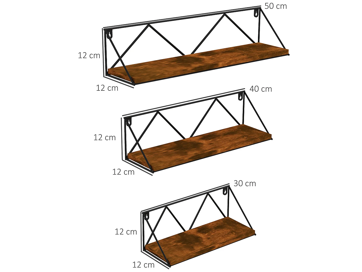 Estantes flotantes marrón rústico y negro 50x12x12 cm HOMCOM