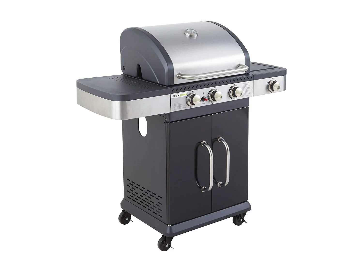 Barbecue a gas FIDGI 3 con termometro - 3 bruciatori + fornello da 11,5kW - COOK'IN GARDEN