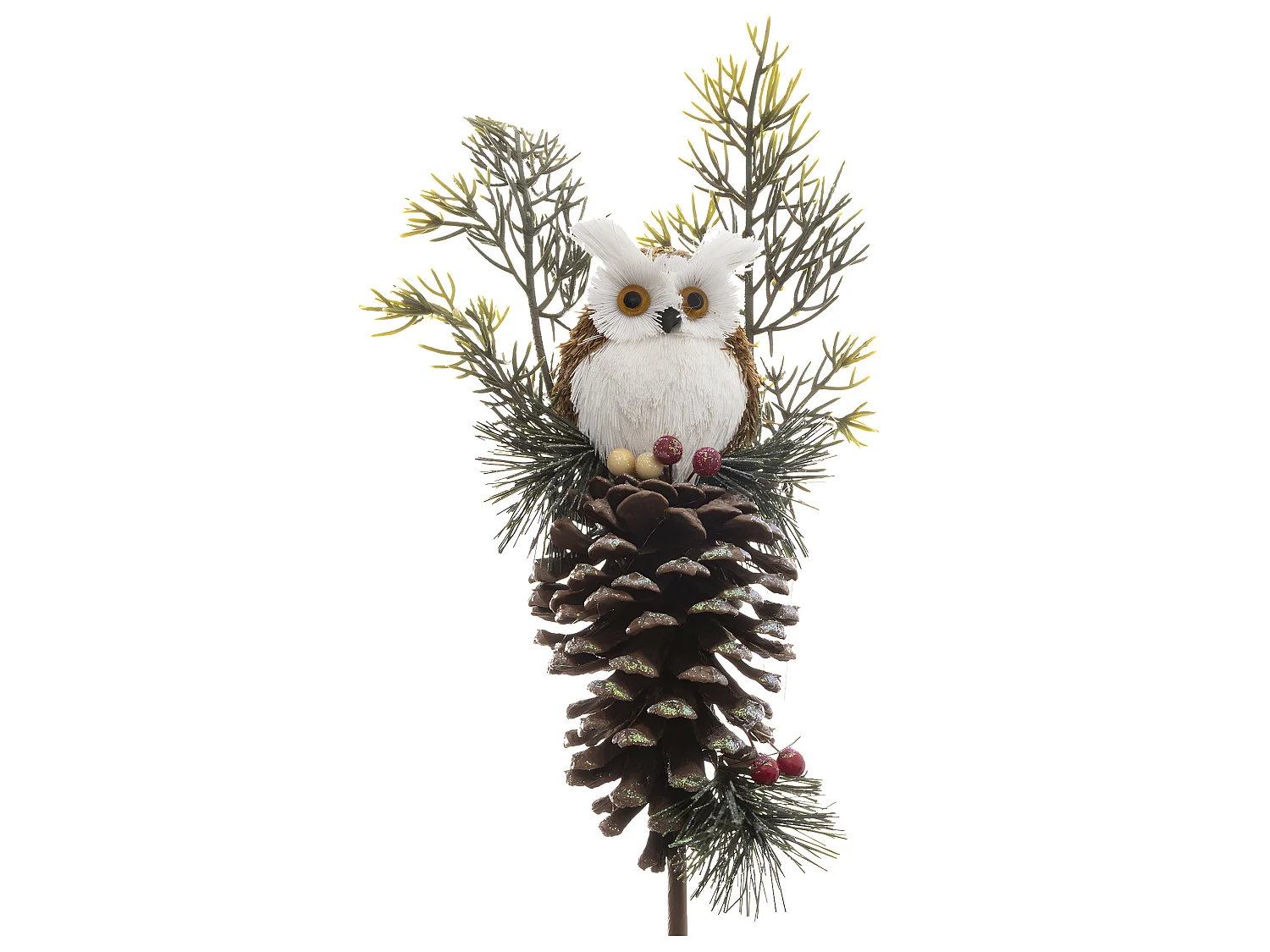 Branche décorative spéciale fêtes Hibou sur une pomme de pin H 75 cm