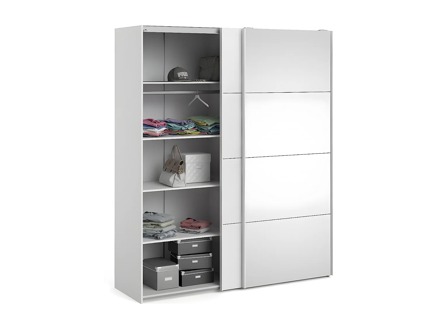 Veto Schiebetürenschrank B183 cm 1 Tür und 1 Spiegeltür weiß und weiß hochglanz.