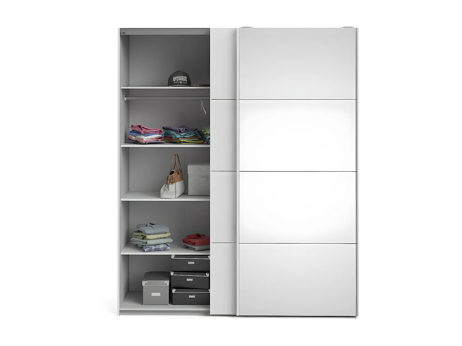 Veto Schiebetürenschrank B183 cm 1 Tür und 1 Spiegeltür weiß und weiß hochglanz.