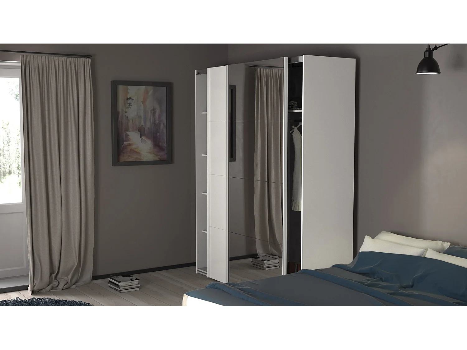 Veto Schiebetürenschrank B183 cm 1 Tür und 1 Spiegeltür weiß und weiß hochglanz.