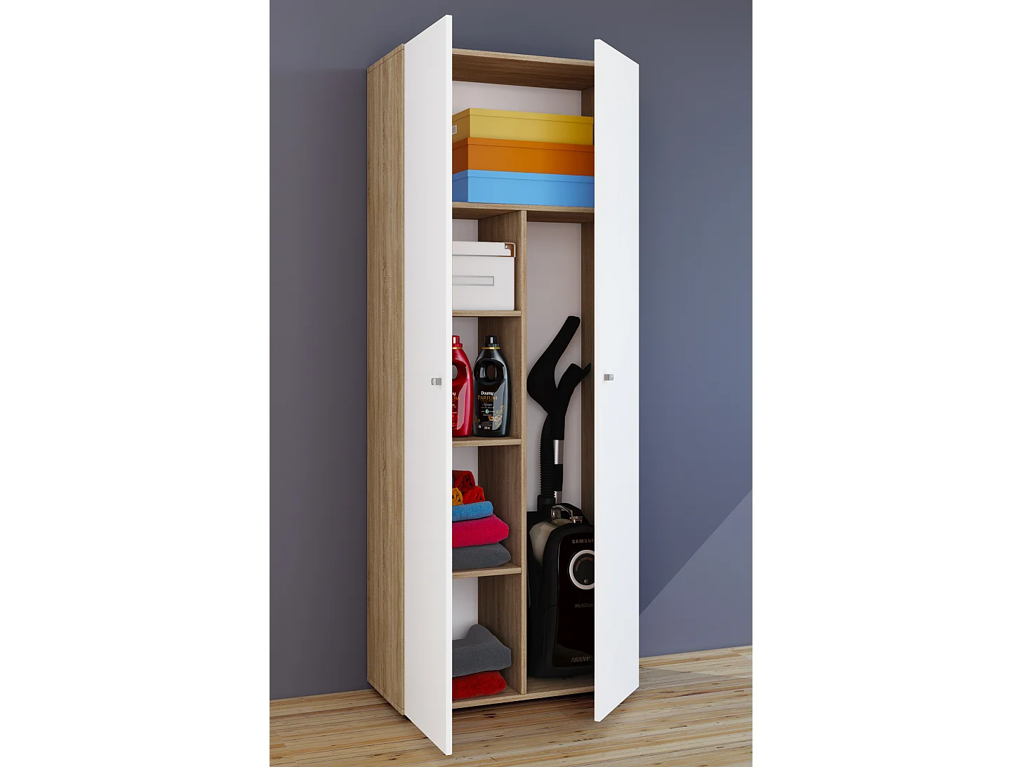 Armário vassoura VCM | 6 compartimentos | Dimensões: L. 70 x A. 178 x P. 40 cm | Armário doméstico | Armário multiúso | Vandol (carvalho Sonoma / branco)