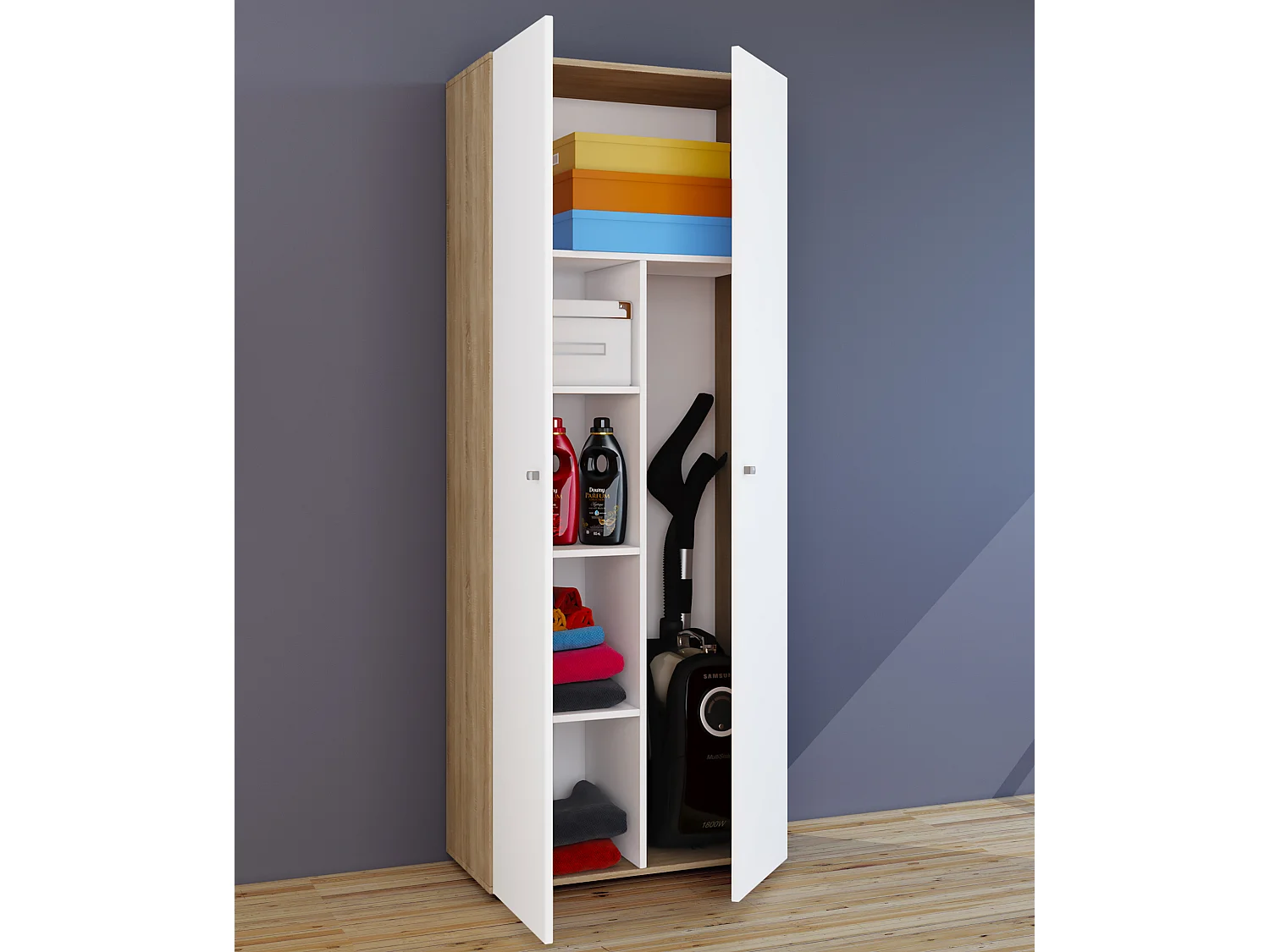 Armário vassoura VCM | 6 compartimentos | Dimensões: L. 70 x A. 178 x P. 40 cm | Armário doméstico | Armário multiúso | Vandol (carvalho Sonoma / branco)