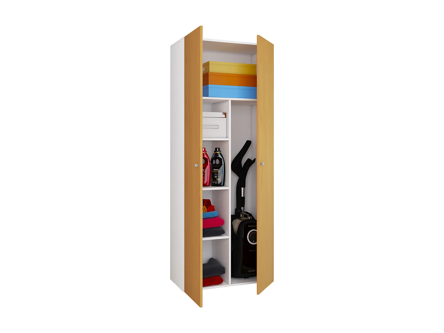 Armário vassoura VCM | 6 compartimentos | Dimensões: L. 70 x A. 178 x P. 40 cm | Armário doméstico | Armário multiúso | Vandol (Branco / Faia)
