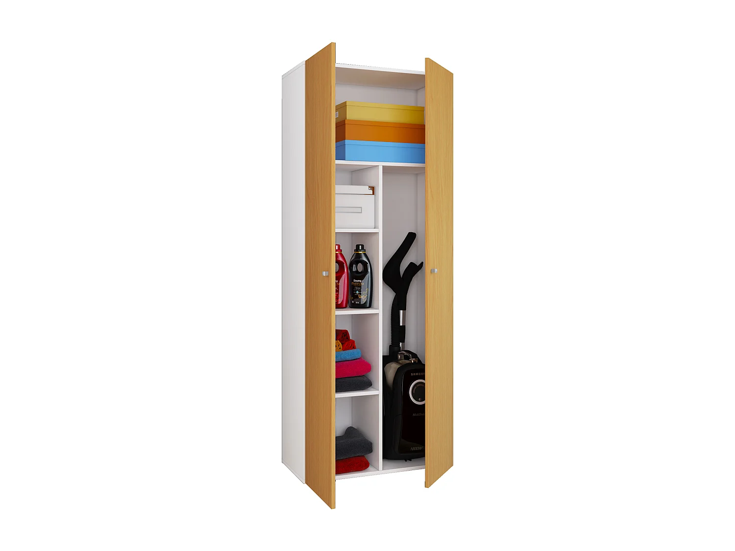 Armário vassoura VCM | 6 compartimentos | Dimensões: L. 70 x A. 178 x P. 40 cm | Armário doméstico | Armário multiúso | Vandol (Branco / Faia)