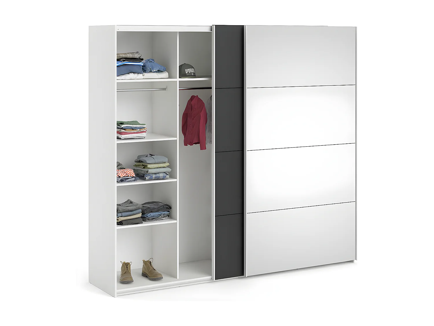 Veto Schiebetürenschrank B243 cm 1 Tür und 1 Spiegeltür weiß und mattschwarz.