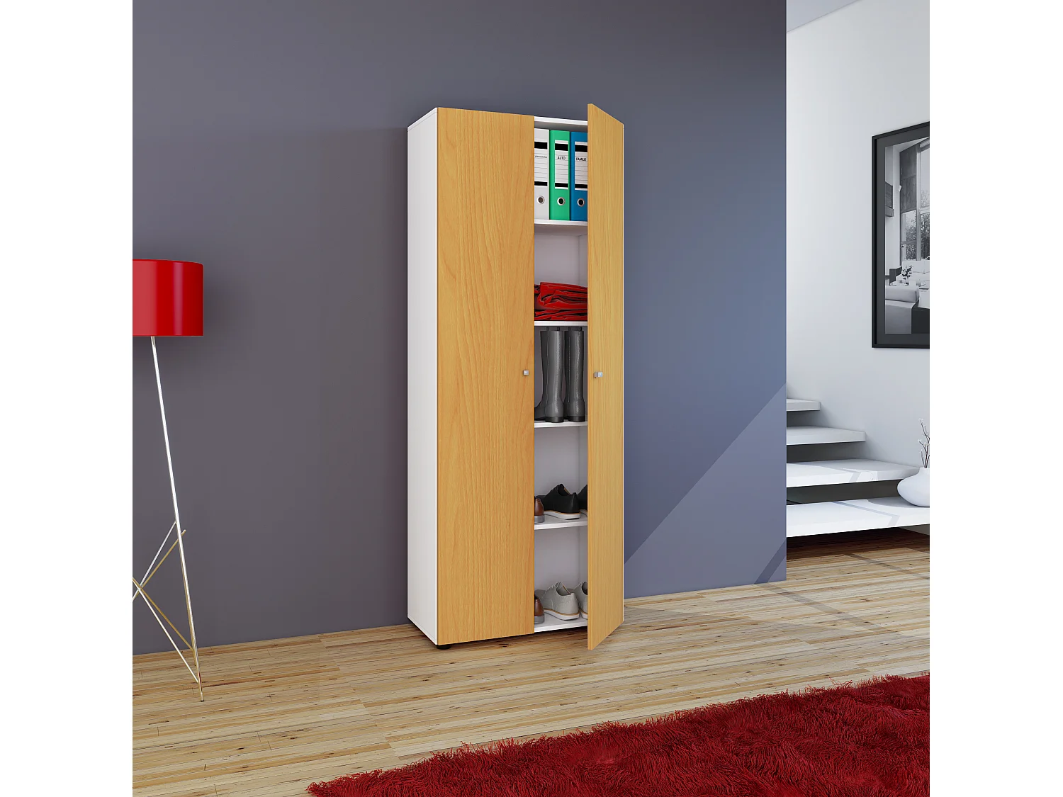 Armário de escritório VCM com 5 compartimentos | moderno armário de arquivos com portas rotativas | Dimensões L. 70 x A. 178 x P. 40 cm – Vandol (Branco / Faia)