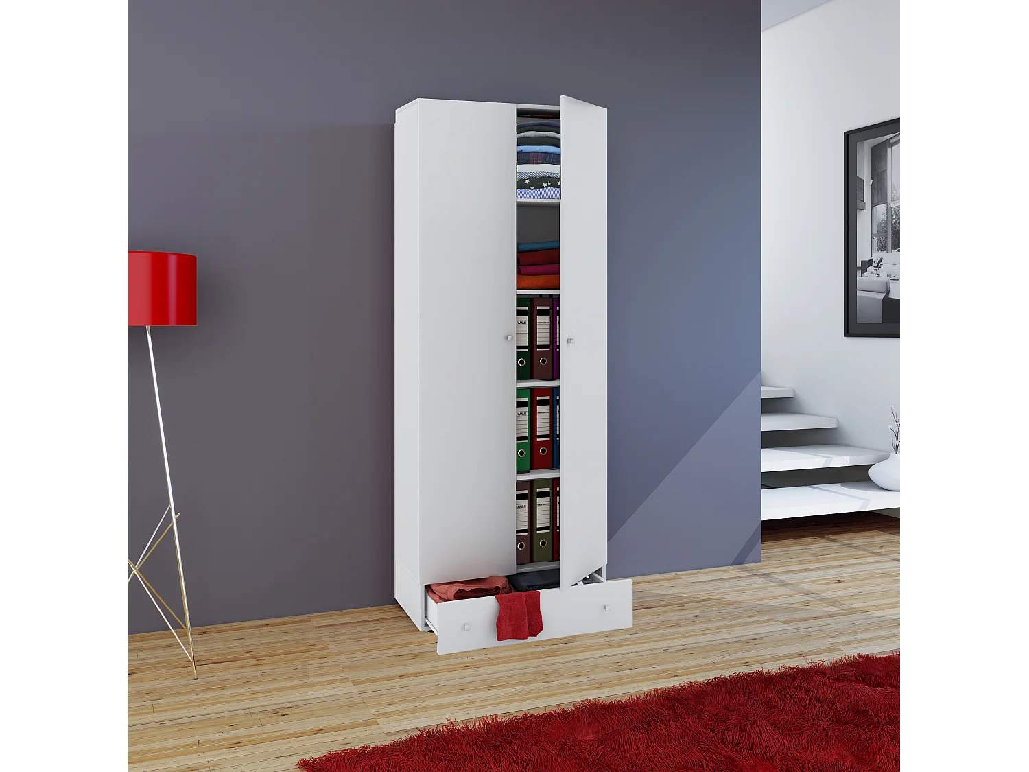 VCM Guarda-roupa de madeira | 5 compartimentos com gaveta | 2 portas giratórias | dimensões aprox. L. 70 x A. 196 x P. 40 cm – Vandol S (Branco)