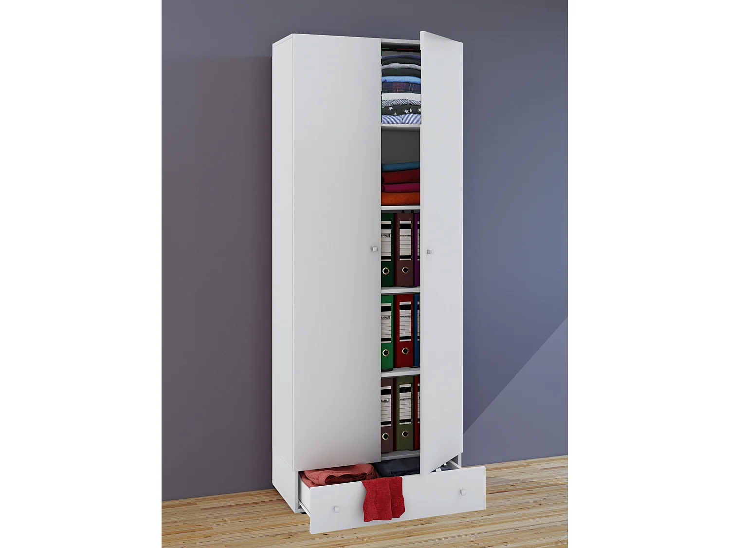 VCM Guarda-roupa de madeira | 5 compartimentos com gaveta | 2 portas giratórias | dimensões aprox. L. 70 x A. 196 x P. 40 cm – Vandol S (Branco)