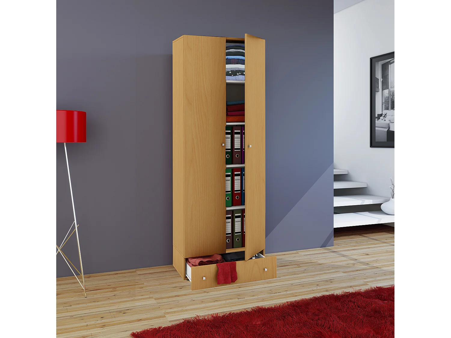 VCM Guarda-roupa de madeira | 5 compartimentos com gaveta | 2 portas giratórias | dimensões aprox. L. 70 x A. 196 x P. 40 cm – Vandol S (Beech)