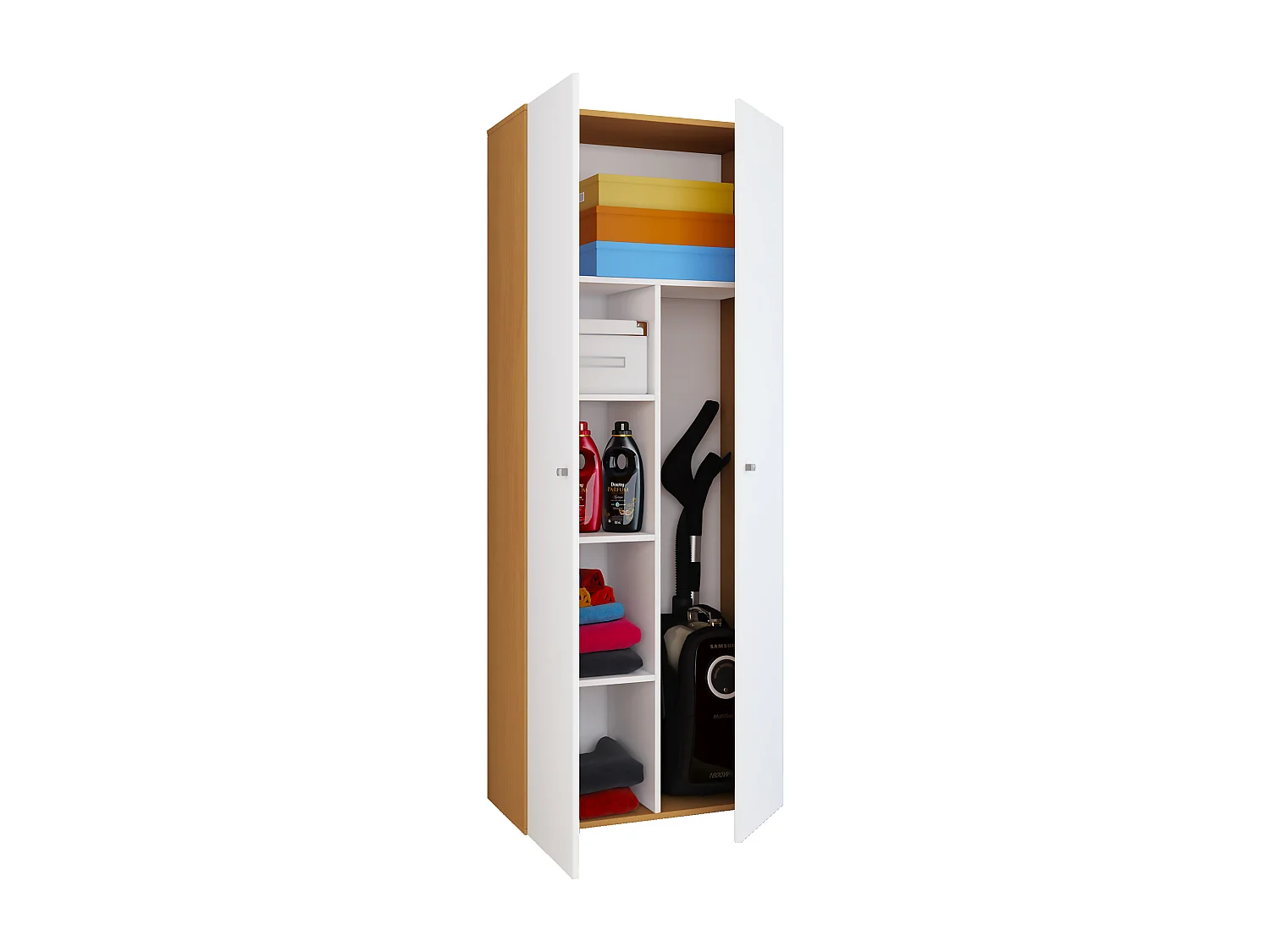 Armário vassoura VCM | 6 compartimentos | Dimensões: L. 70 x A. 178 x P. 40 cm | Armário doméstico | Armário multiúso | Vandol (Faia / Branco)