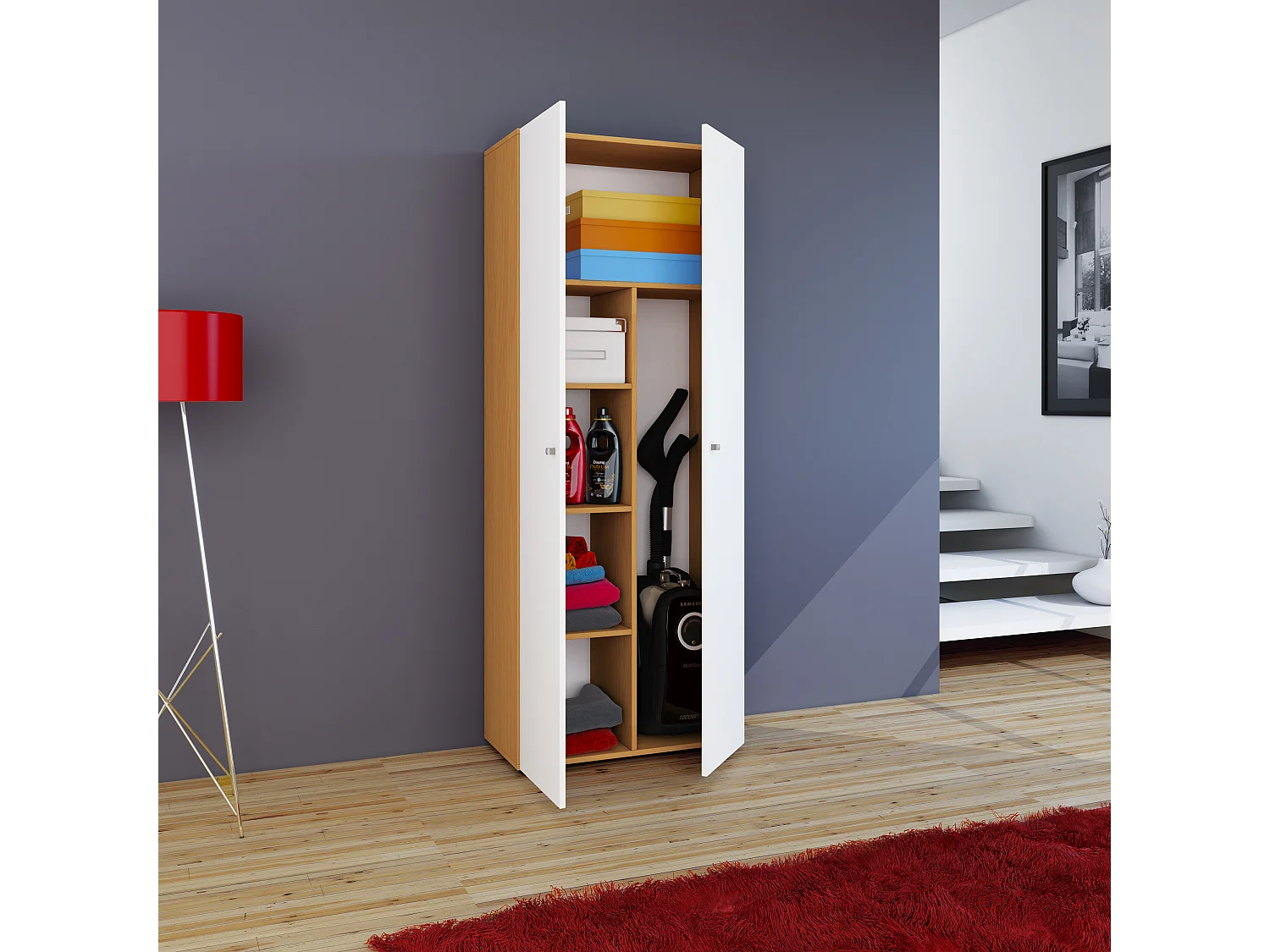 Armário vassoura VCM | 6 compartimentos | Dimensões: L. 70 x A. 178 x P. 40 cm | Armário doméstico | Armário multiúso | Vandol (Faia / Branco)