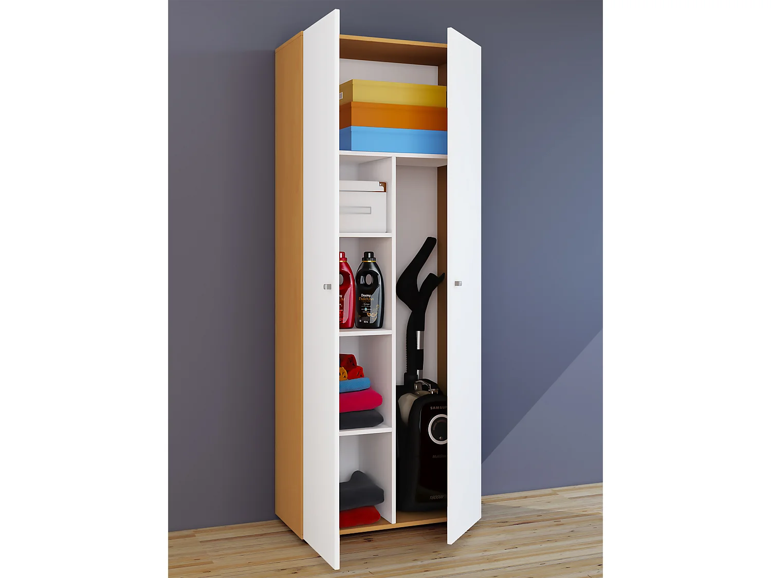Armário vassoura VCM | 6 compartimentos | Dimensões: L. 70 x A. 178 x P. 40 cm | Armário doméstico | Armário multiúso | Vandol (Faia / Branco)