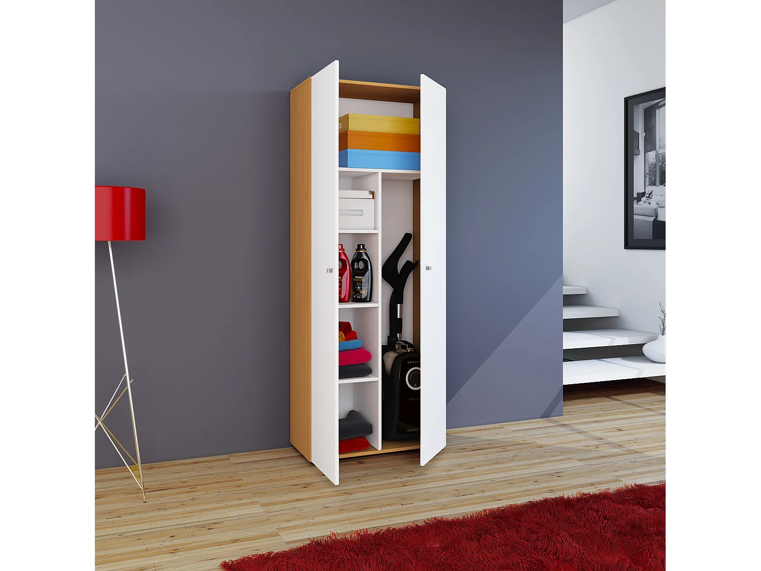 Armário vassoura VCM | 6 compartimentos | Dimensões: L. 70 x A. 178 x P. 40 cm | Armário doméstico | Armário multiúso | Vandol (Faia / Branco)
