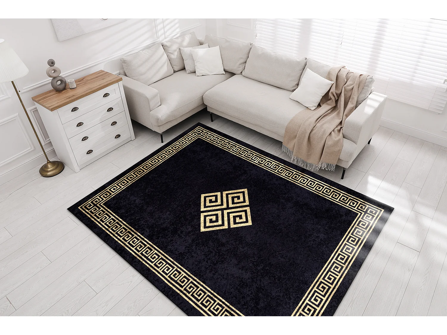 MIRO 52071.803 tapijt wasbaar Kader, grieks antislip - zwart / goud 120x170 cm