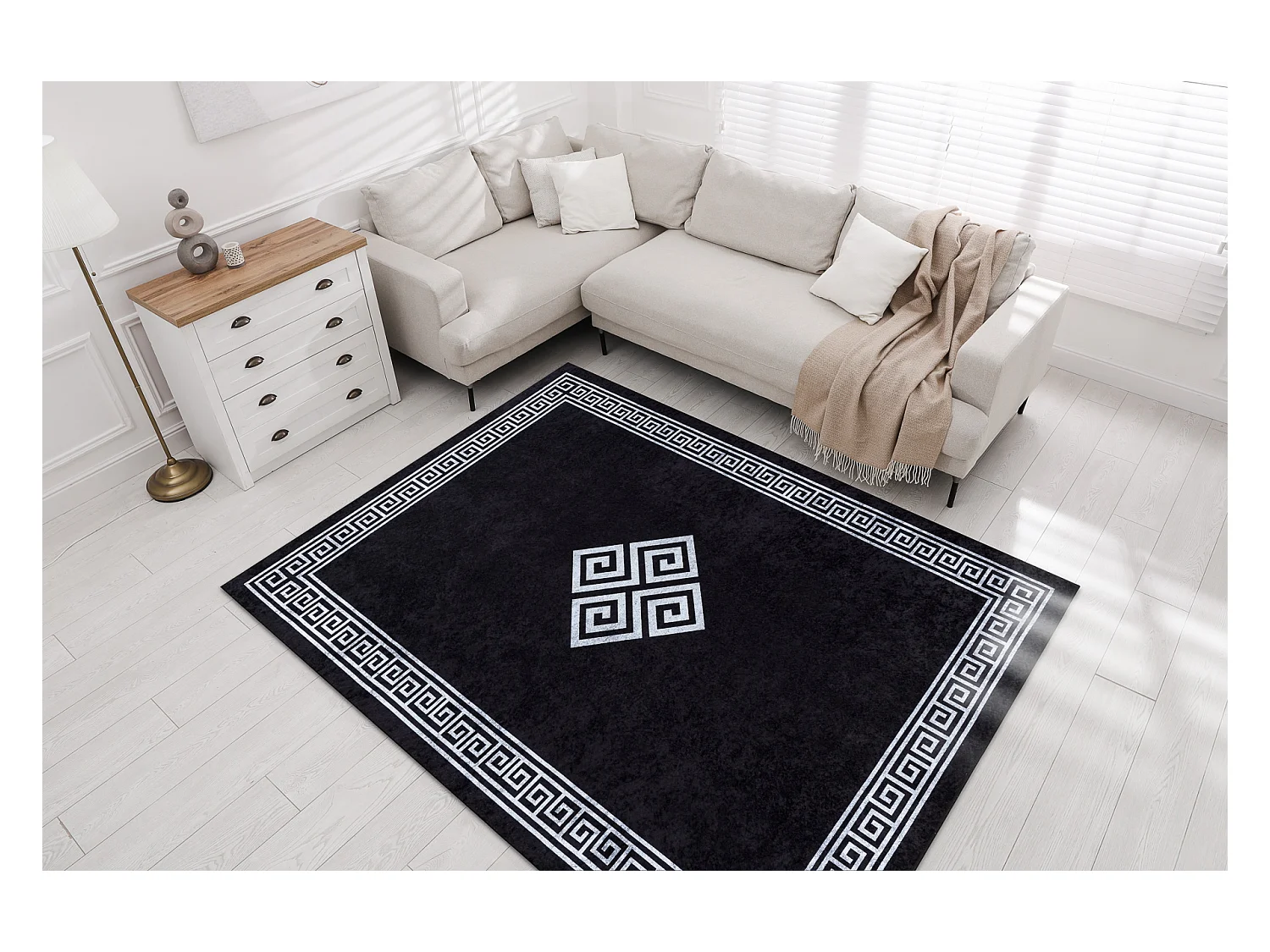 MIRO 52071.804 tapijt wasbaar Kader, grieks antislip - zwart / wit 120x170 cm