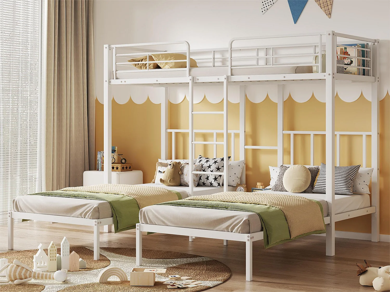 Driedubbel stapelbed 3x90x200cm met ladder en dienblad - metalen frame - Wit