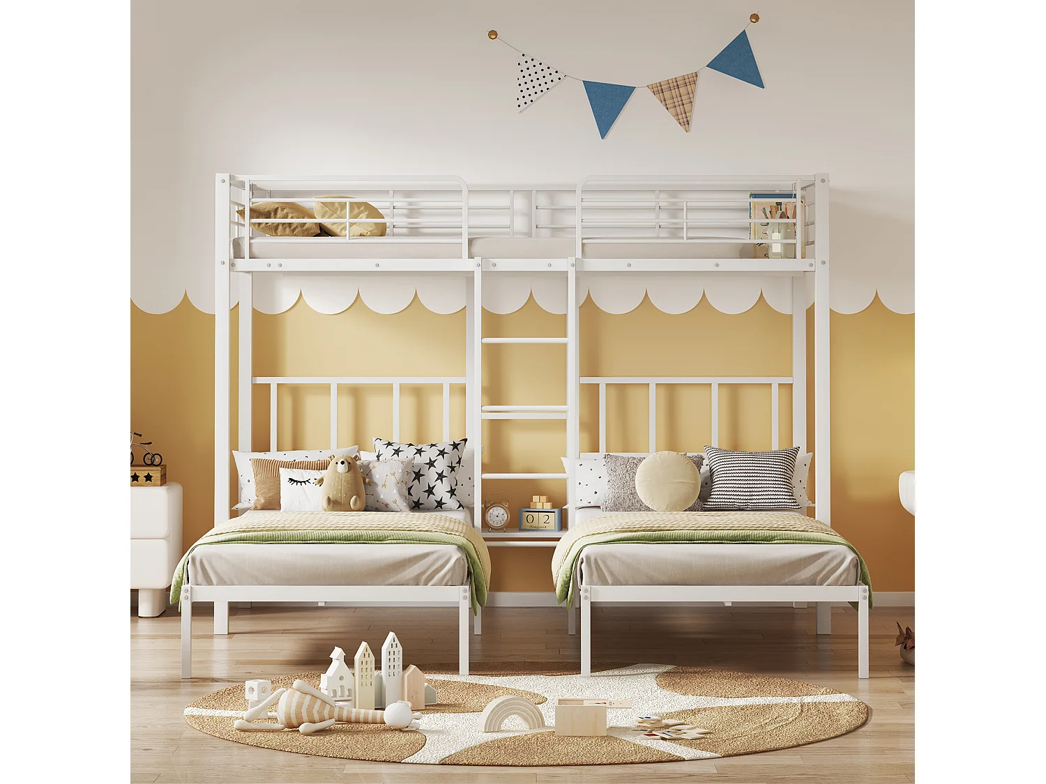 Driedubbel stapelbed 3x90x200cm met ladder en dienblad - metalen frame - Wit