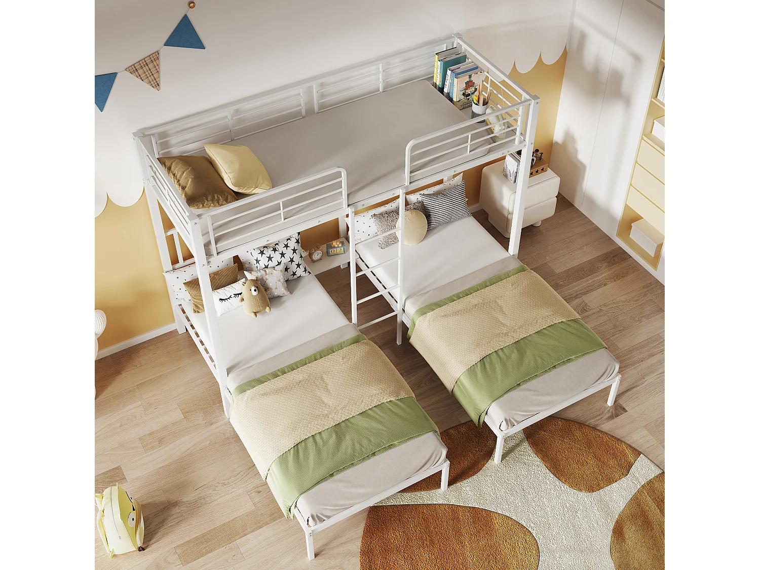 Driedubbel stapelbed 3x90x200cm met ladder en dienblad - metalen frame - Wit