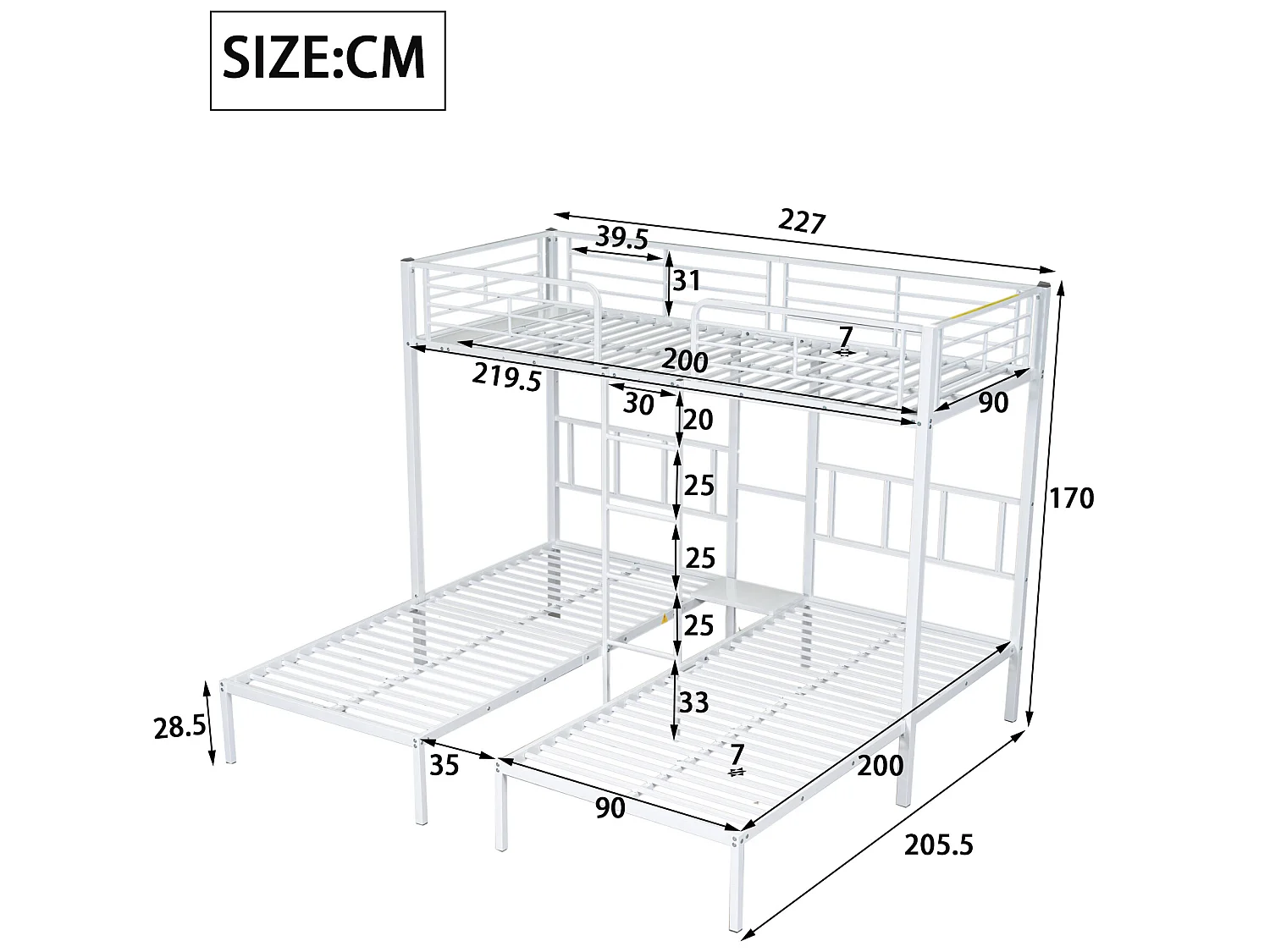 Driedubbel stapelbed 3x90x200cm met ladder en dienblad - metalen frame - Wit
