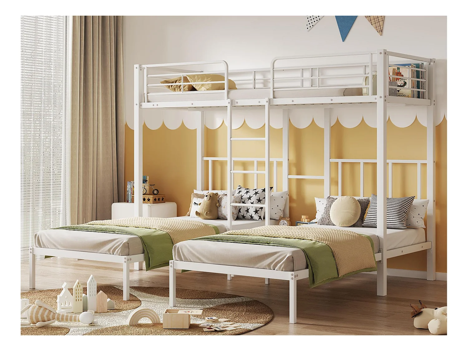 Lit superposé triple 3x90x200cm avec échelle et un plateau - cadre en métal - Blanc