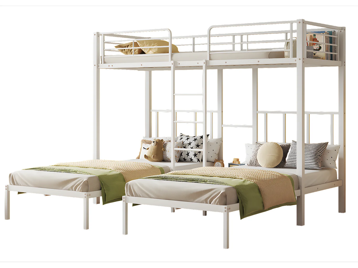 Letto a castello triplo 3x90x200cm con scaletta e vassoio - struttura in metallo - Bianco