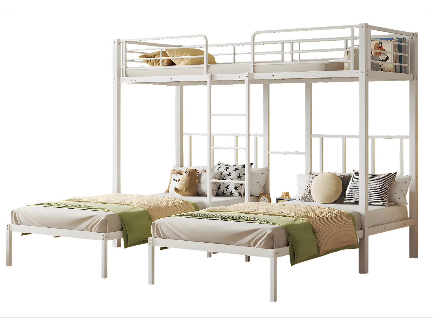 Lit superposé triple 3x90x200cm avec échelle et un plateau - cadre en métal - Blanc