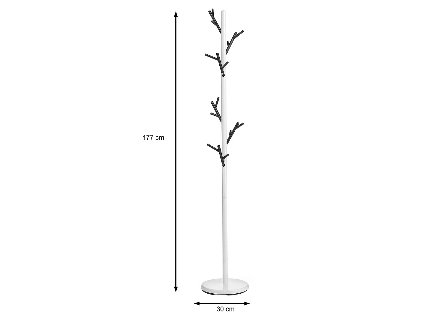 Porte-manteaux ZENO portant à vêtements sur pied en forme d'arbre, 6 crochets sur différentes hauteurs, en métal laqué blanc/noir
