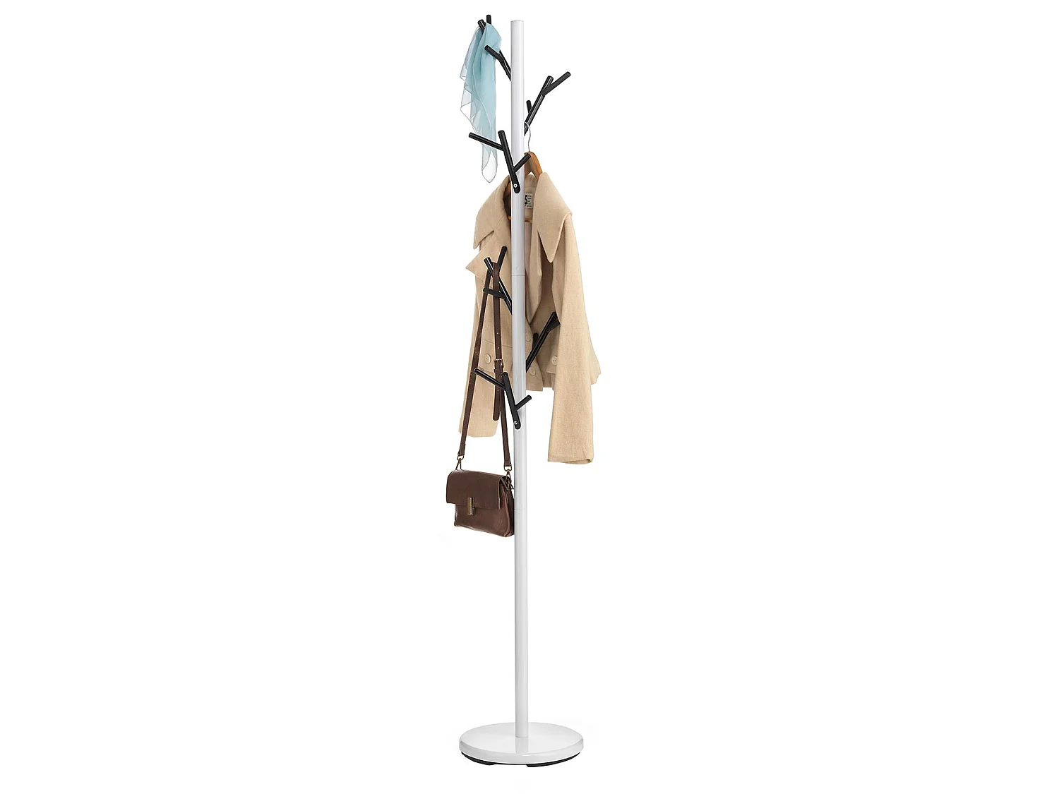 Porte-manteaux ZENO portant à vêtements sur pied en forme d'arbre, 6 crochets sur différentes hauteurs, en métal laqué blanc/noir