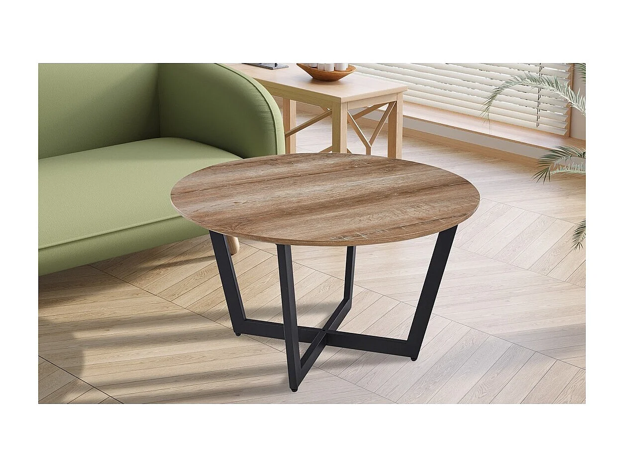Table basse ronde CARMIN – Chêne vieilli et métal noir – Style rustique