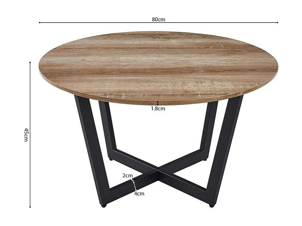 Table basse ronde CARMIN – Chêne vieilli et métal noir – Style rustique
