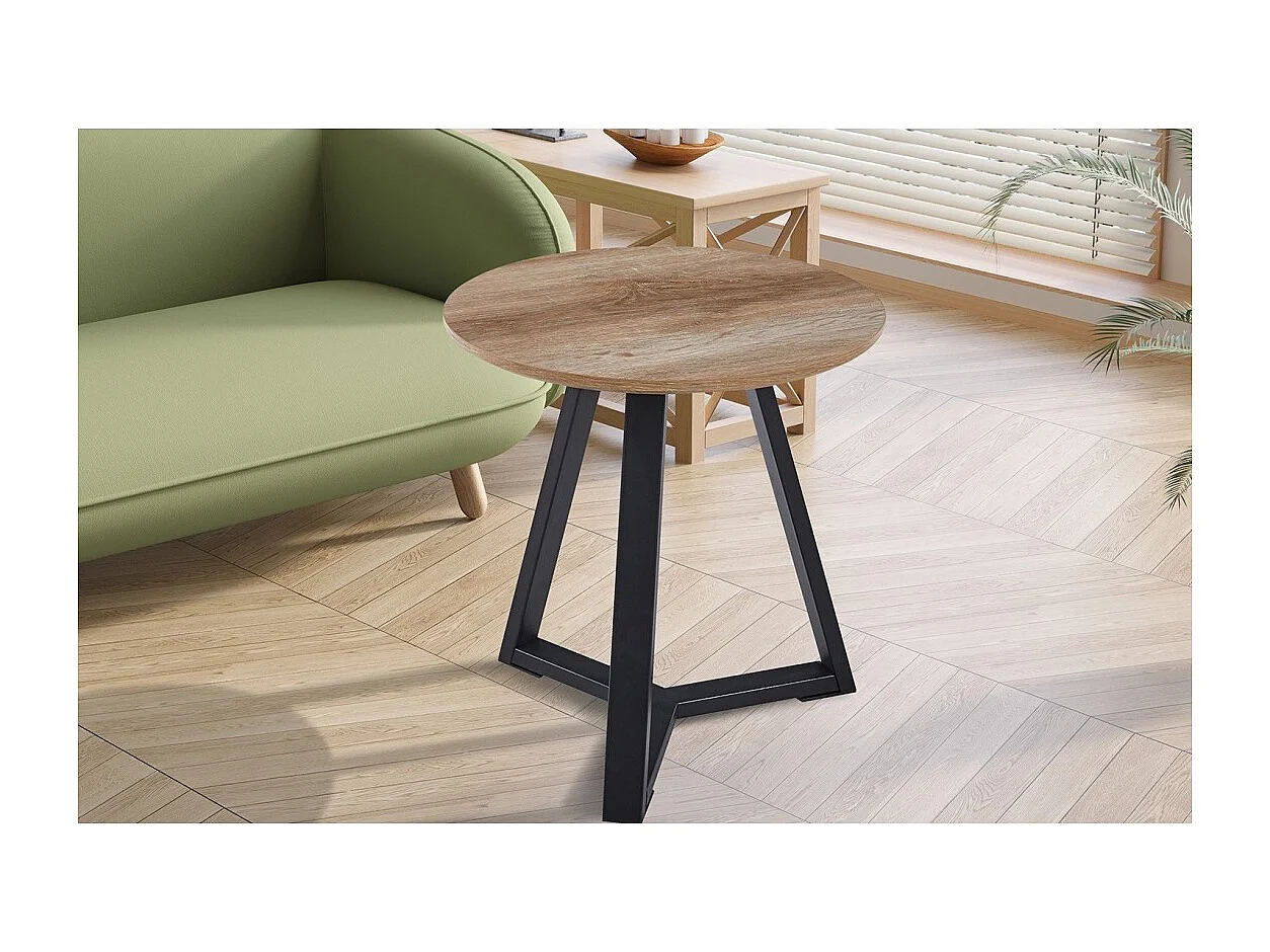 Table basse ronde PASAO – Bois chêne vieilli et métal noir – Style rustique