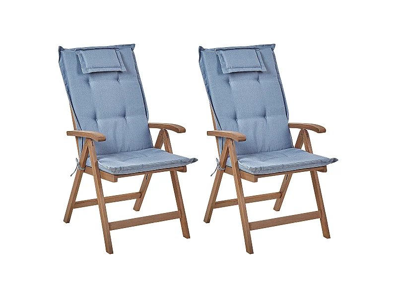 Gartenstuhl 2er Set Akazienholz dunkelbraun klappbar mit Auflagen blau Amantea