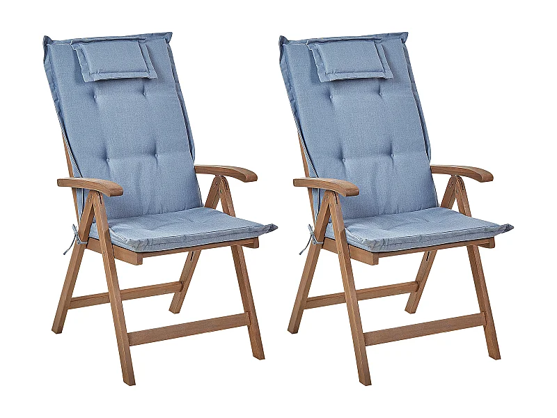 Gartenstuhl 2er Set Akazienholz dunkelbraun klappbar mit Auflagen blau Amantea
