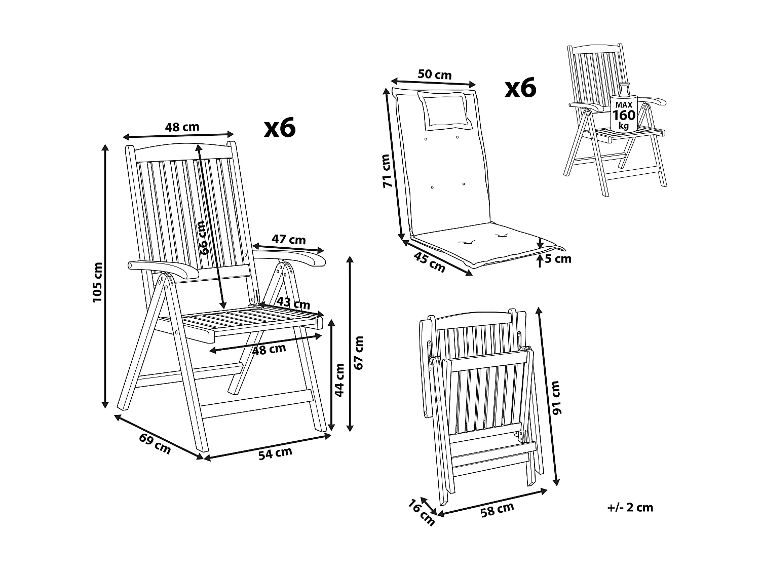 Gartenstuhl 6er Set Akazienholz dunkelbraun klappbar mit Auflagen weiß Amantea