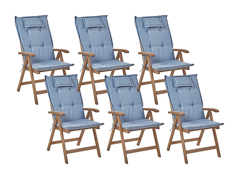 Set mit 6 Stühlen und Sitzkissen AMANTEA Akazienholz Blau