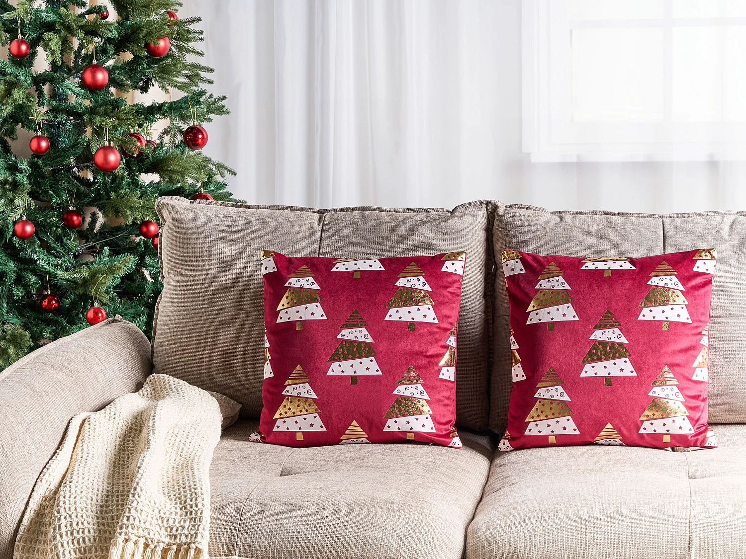 Lot de 2 coussins décoratifs GOLDSPRUCE Velours 45 x 45 cm Rouge Motif de Noël