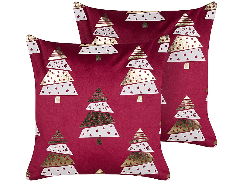 Conjunto de 2 cojines decorativos GOLDSPRUCE Terciopelo 45 x 45 cm Rojo Patrón navideño