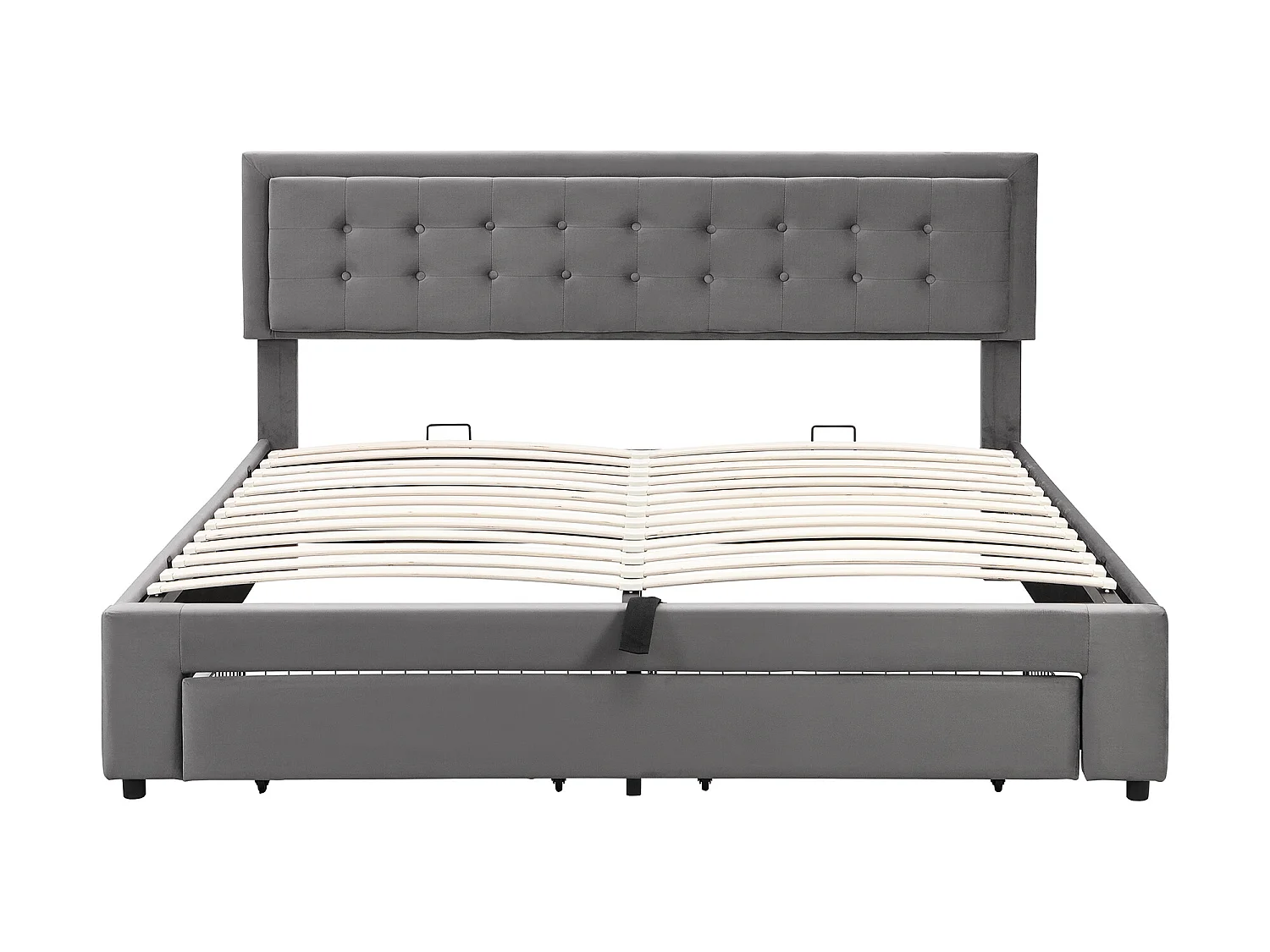 Gewatteerd opbergbed 160x200cm in fluweel - met lade en lattenbodem - Grijs (zonder matras)