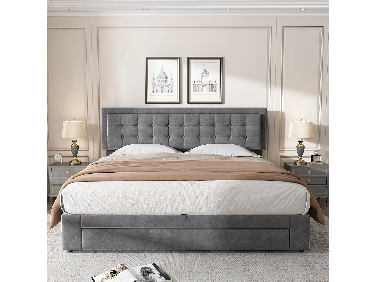 Cama contenedor acolchada 160x200cm en terciopelo - con cajón y somier - Gris (sin colchón)